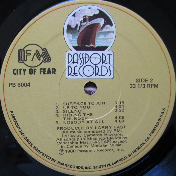 FM City Of Fear Passport Records LP PB6004 Still Sealed Small Deletion Clip M/M-