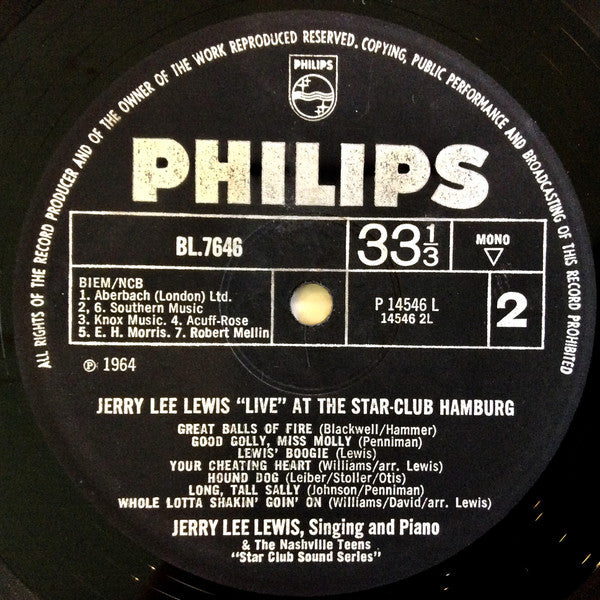 JERRY LEE LEWIS & THE NASHVILLE TEENS Live At The Star Club Hamburg Philips Mono LP BL 7646 VG/VG