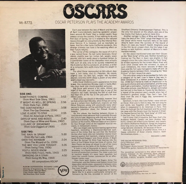 Oscar Peterson Oscar's Oscar Peterson Plays The Academy Awards Verve Records LP MGM-8775