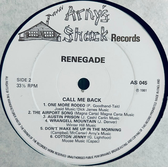 RENEGADE Call Me Back Arny's Shack Records A5045LP VG+/VG+ Signed By The Band