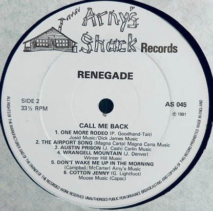 RENEGADE Call Me Back Arny's Shack Records A5045LP VG+/VG+ Signed By The Band