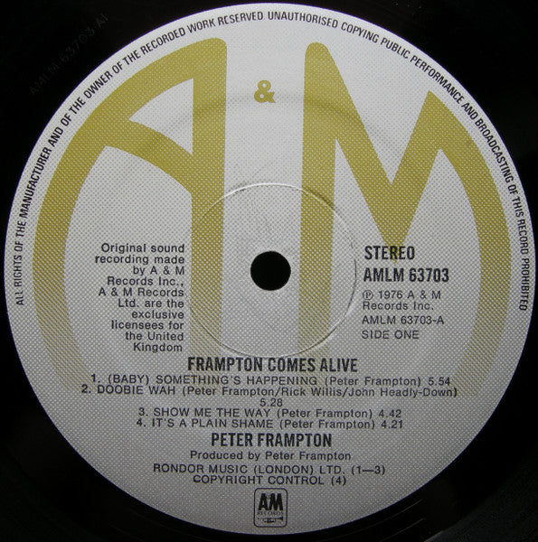 PETER FRAMPTON Frampton Comes Alive! A&M Records Dbl LP AMLM 63703 M-/VG+