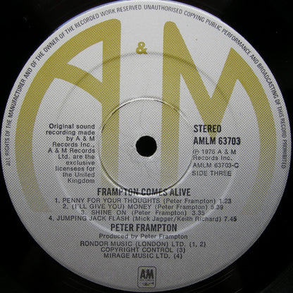 PETER FRAMPTON Frampton Comes Alive! A&M Records Dbl LP AMLM 63703 M-/VG+
