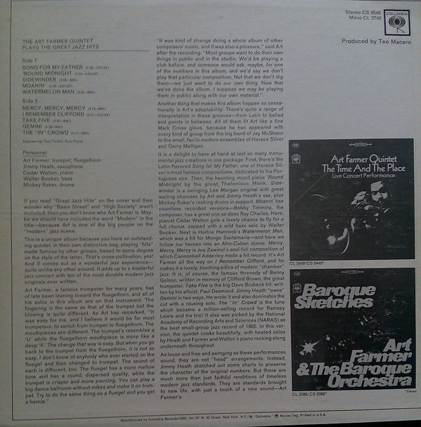 ART FARMER QUINTET Plays The Great Jazz Hits Columbia 360 Label LP CL2746 M-/VG+