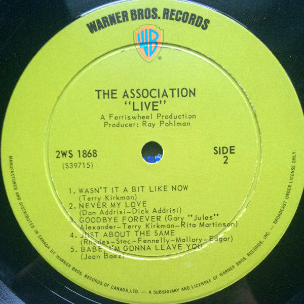 THE ASSOCIATION Live Warner Brothers Dbl LP (Canada) 2WS1868 VG+/VG G/f Sleeve
