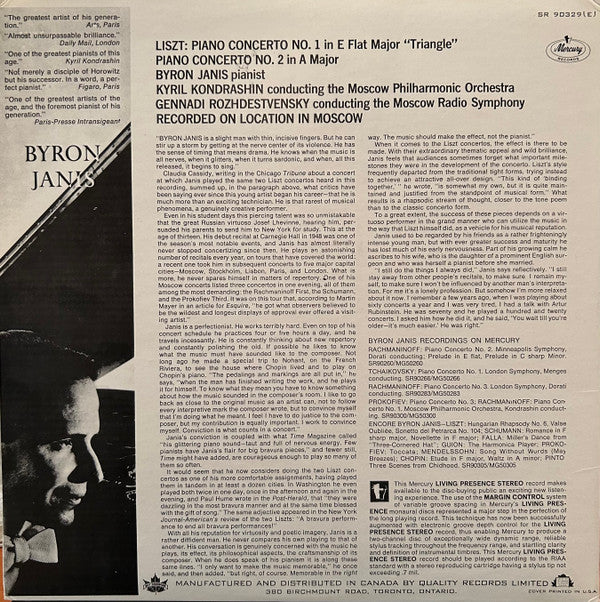 BYRON JANIS Plays Liszt Piano Concerto Nos 1 & 2 With The Moscow Radio Symphony Orchestra Mercury Records (Canada) SR90329(E) 1963 VG+/VG+