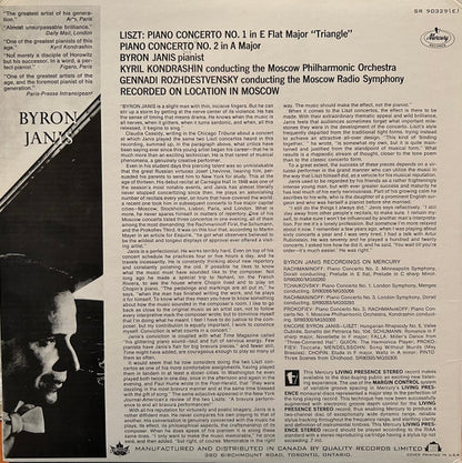BYRON JANIS Plays Liszt Piano Concerto Nos 1 & 2 With The Moscow Radio Symphony Orchestra Mercury Records (Canada) SR90329(E) 1963 VG+/VG+