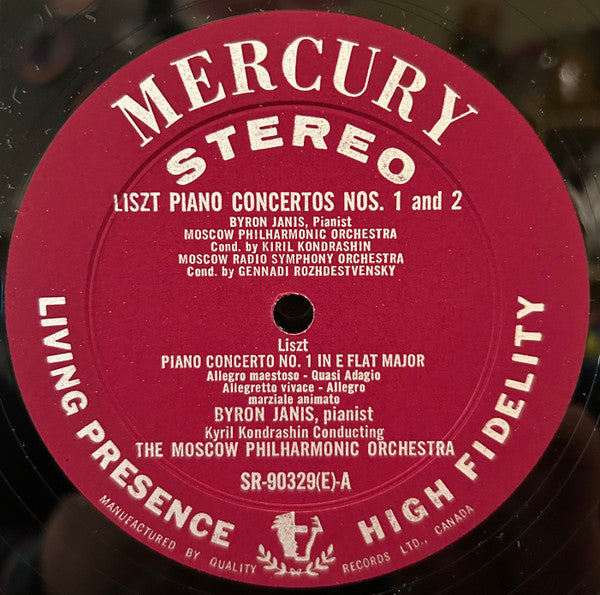 BYRON JANIS Plays Liszt Piano Concerto Nos 1 & 2 With The Moscow Radio Symphony Orchestra Mercury Records (Canada) SR90329(E) 1963 VG+/VG+