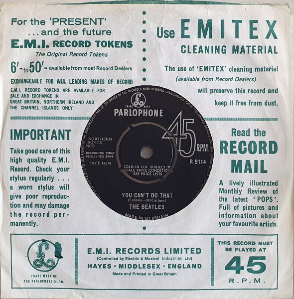 THE BEATLES Can't Buy Me Love Parlophone Mono 7" R 5114 M- Record Co Sleeve Lovely Copy!