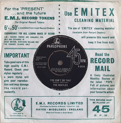 THE BEATLES Can't Buy Me Love Parlophone Mono 7" R 5114 M- Record Co Sleeve Lovely Copy!