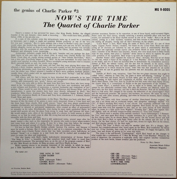 THE QUARTET OF CHARLIE PARKER Now's The Time Verve Records 180g Repress MGV-8005 Brand New & Sealed