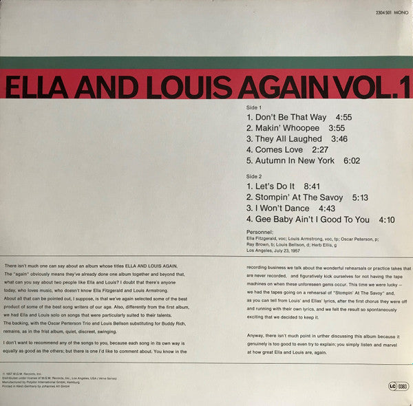 Ella And Louis Ella And Louis Agai Vol. 1 Verve Records LP Album Mono Reissue 2304 501