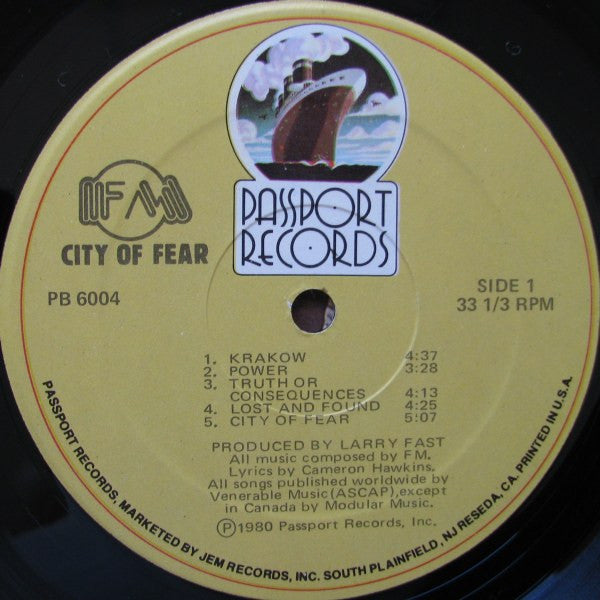 FM City Of Fear Passport Records LP PB6004 Still Sealed Small Deletion Clip M/M-