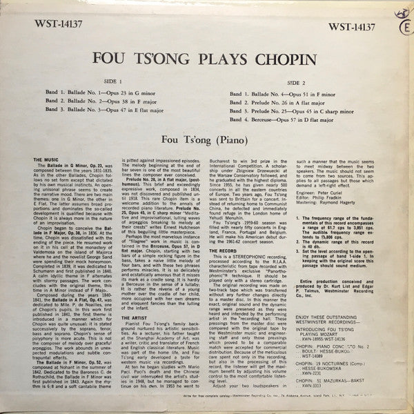FOU TS'ONG Plays Chopin 4 Ballades 2 Preludes Westminster Records WST-14137 (1961) VG+/VG