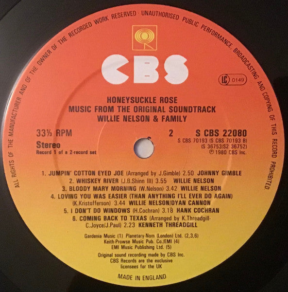 WILLIE NELSON & FAMILY Honeysuckle Rose OST LP CBS 22080 M-/VG+ Looks Un-Played