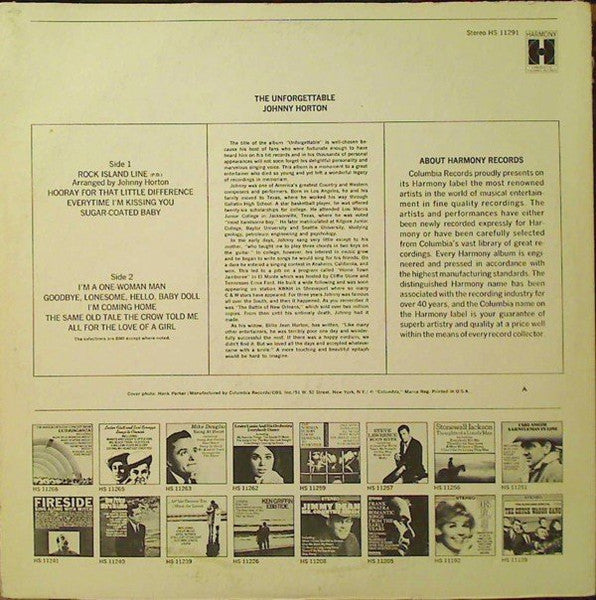 JOHNNY HORTON The Unforgettable Johnny Horton Harmony LP HS 11291 M-/VG+ Still In Shrink