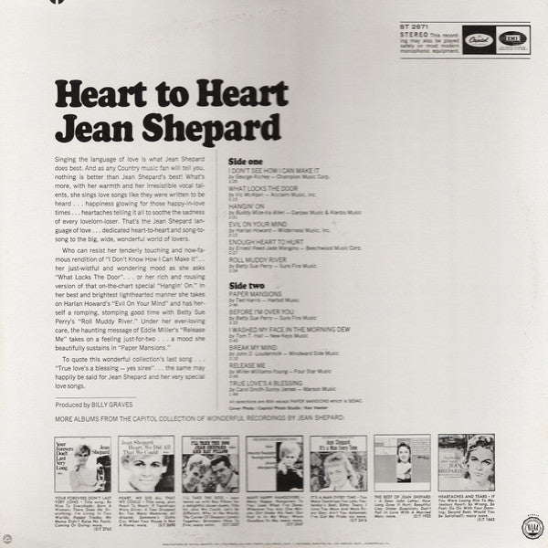 JEAN SHEPARD Heart To Heart Capitol Records ST 2871 VG+/VG+