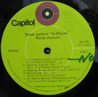 WANDA JACKSON In Person Live At "Mr Lucky's" In Phoenix Arizona Capitol Records LP ST-345 VG+/VG+