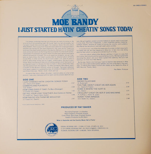 MOE BANDY I Just Started Hatin' Cheatin' Songs Today GRC Records LP GA 10005 M-/VG+