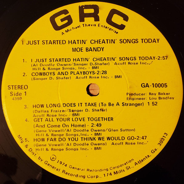 MOE BANDY I Just Started Hatin' Cheatin' Songs Today GRC Records LP GA 10005 M-/VG+