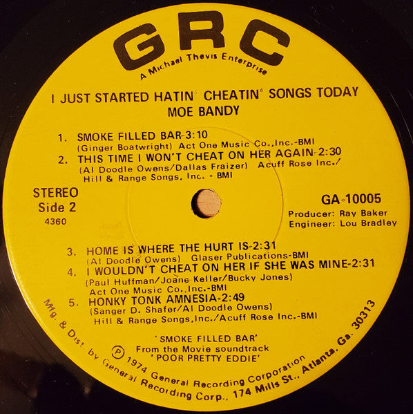 MOE BANDY I Just Started Hatin' Cheatin' Songs Today GRC Records LP GA 10005 M-/VG+