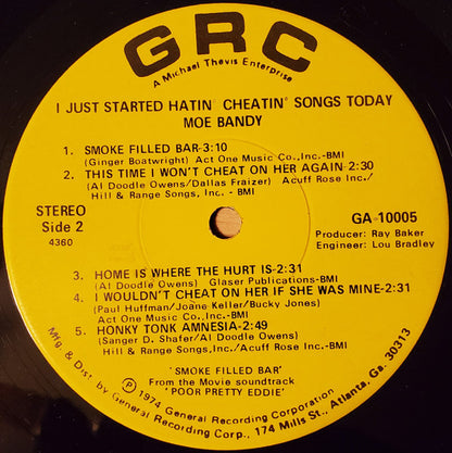 MOE BANDY I Just Started Hatin' Cheatin' Songs Today GRC Records LP GA 10005 M-/VG+