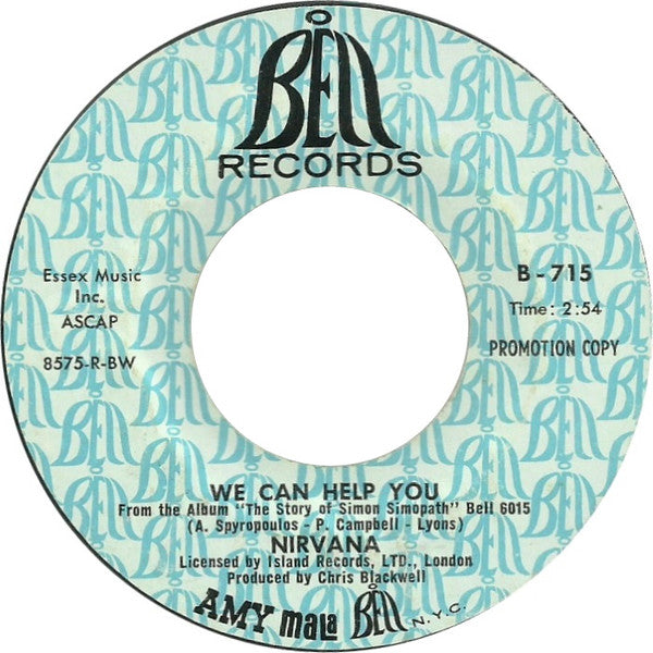 NIRVANA Pentecost Hotel Bell Records 7" Promo B715 C/w We Can M-