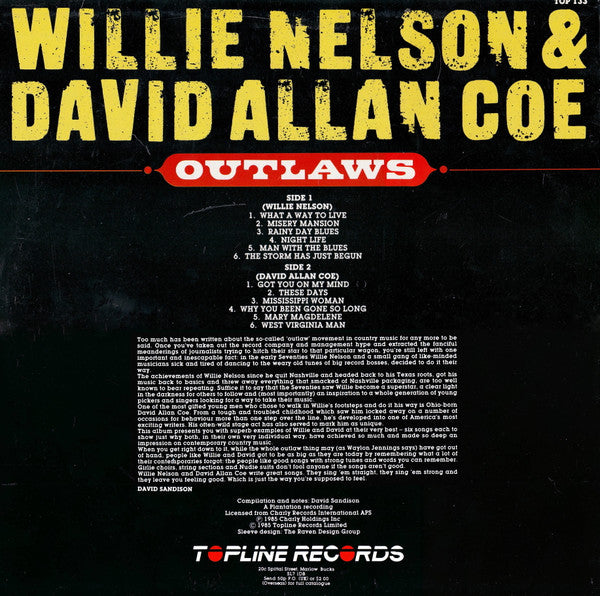 WILLIE NELSON DAVID ALLAN COE Outlaws Topline Records LP TOP 133 M-/VG+