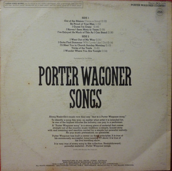 PORTER WAGONER Porter Wagoner Country RCA Camden (Australia) OCS-2478 M-/VG Small Sticker On Sleeve
