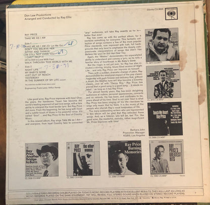 RAY PRICE Take Me As I Am Columbia LP (US) CS 9606 M-/VG Some Shelf Wear