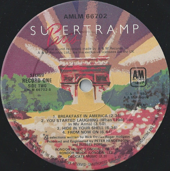 SUPERTRAMP Paris A&M Records Dbl LP AMLM 66702 VG+/VG+
