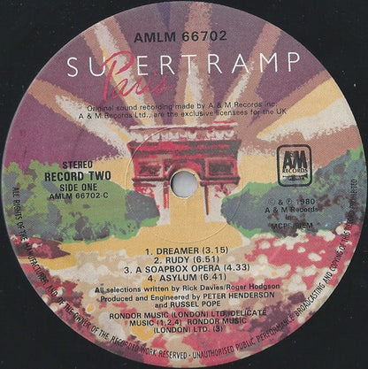 SUPERTRAMP Paris A&M Records Dbl LP AMLM 66702 VG+/VG+