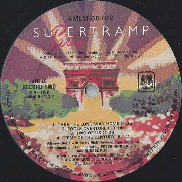 SUPERTRAMP Paris A&M Records Dbl LP AMLM 66702 VG+/VG+