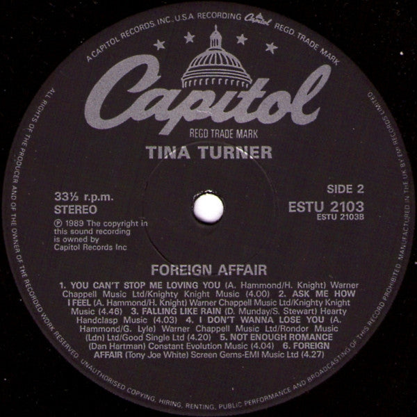 TINA TURNER Foreign Affair Capitol Records ESTU 2103 M-/VG+ Cracking Copy!