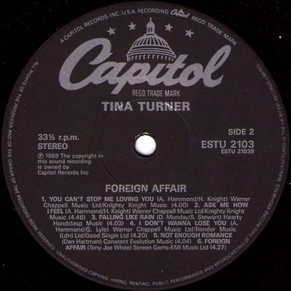 TINA TURNER Foreign Affair Capitol Records ESTU 2103 M-/VG+ Cracking Copy!