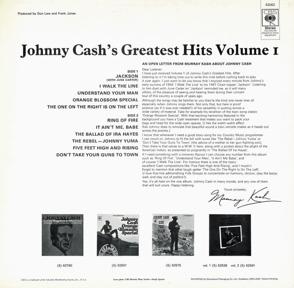 JOHNNY CASH Greatest Hits Volume 1 CBS LP S BPG 63062 M-/M-