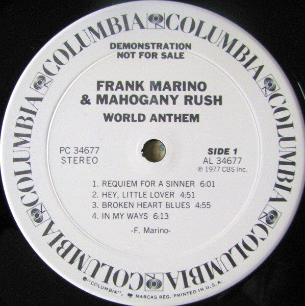 FRANK MARINO & MAHOGANY RUSH World Anthem WLD Columbia LP PC34677 All Inserts M-/VG+